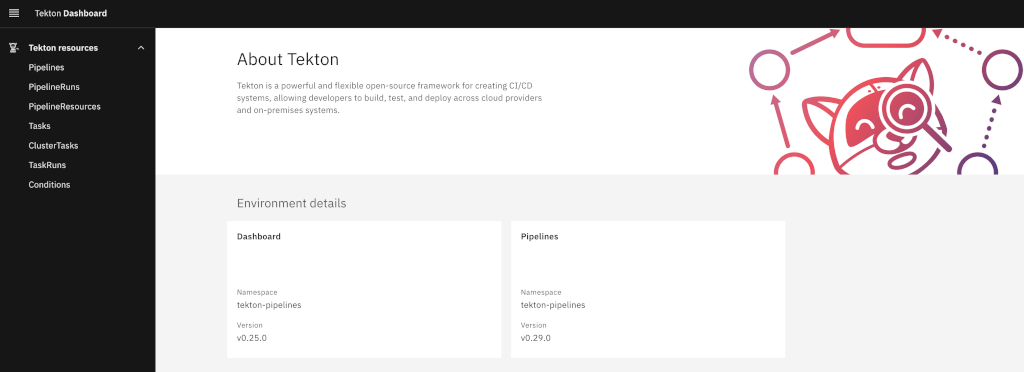 Tekton Dashboard Welcome Page