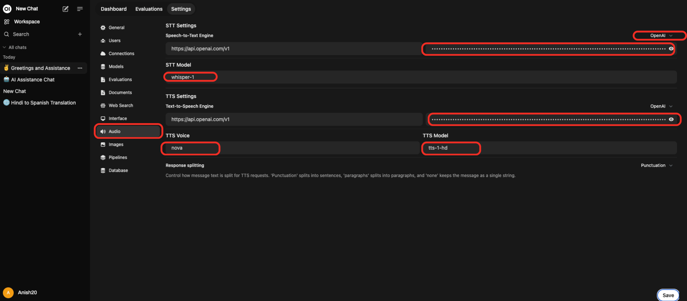 Setup audio settings