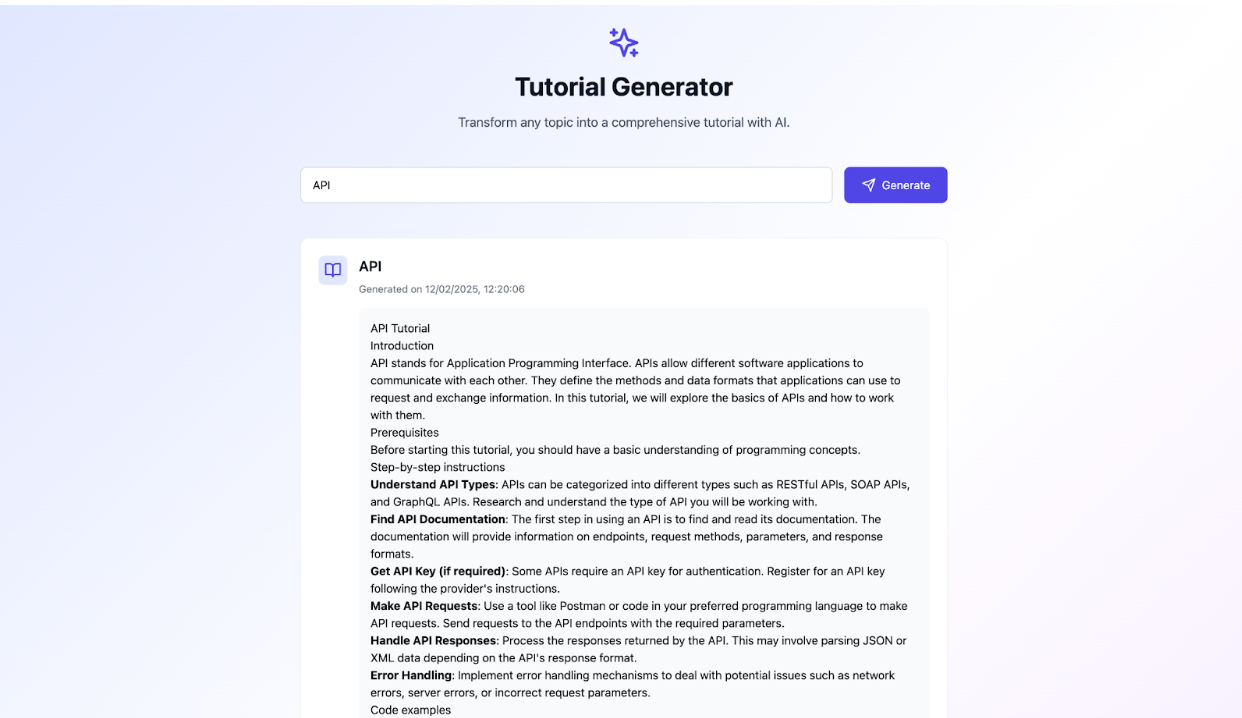 Demo screenshot of the tutorial generator application