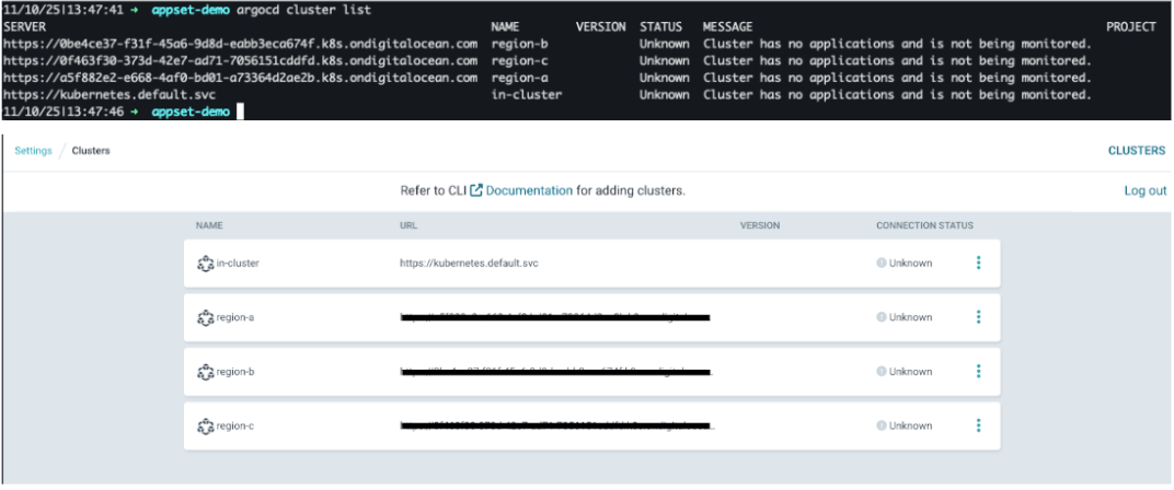 Cluster list command output
