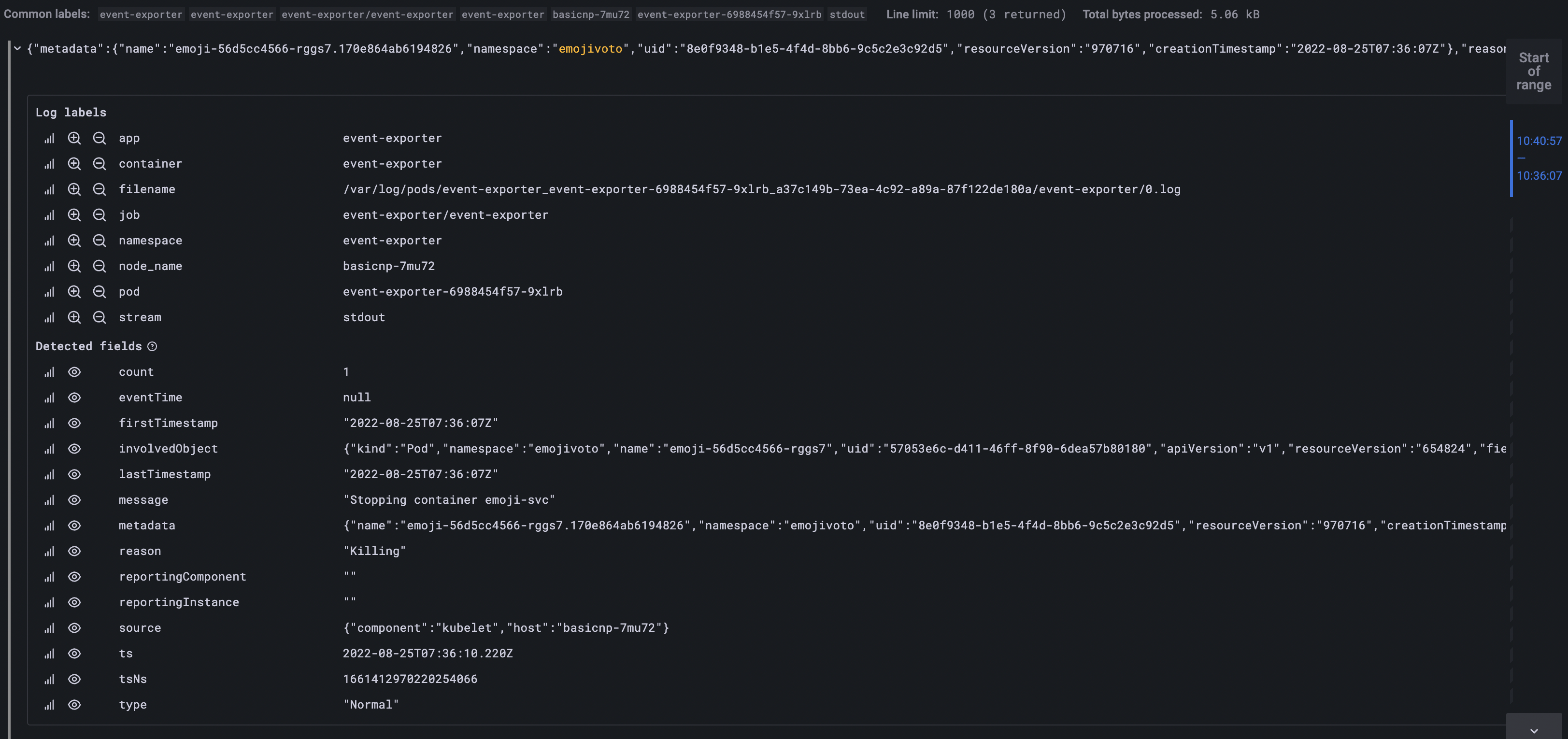 Loki Kubernetes Emojivoto Events Log Details