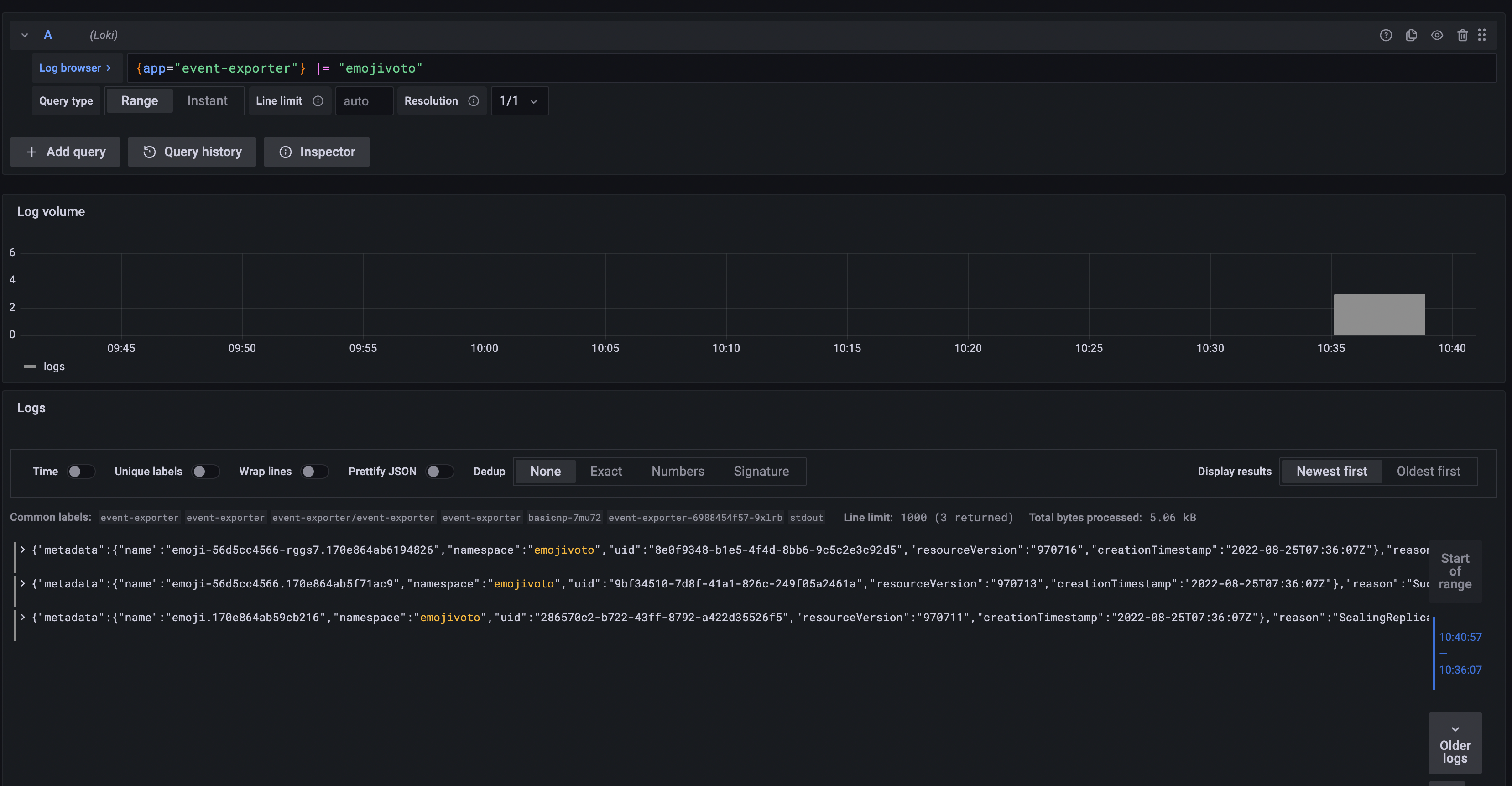 Loki Kubernetes Emojivoto Events