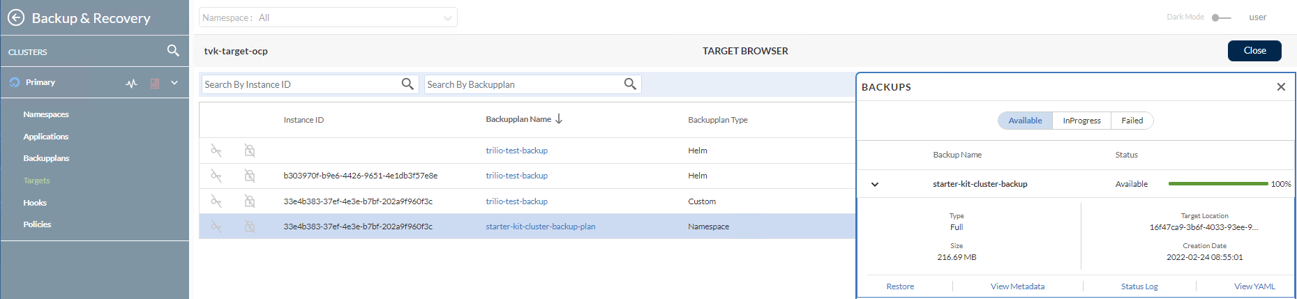 Multi-Namespace Restore Phase 1