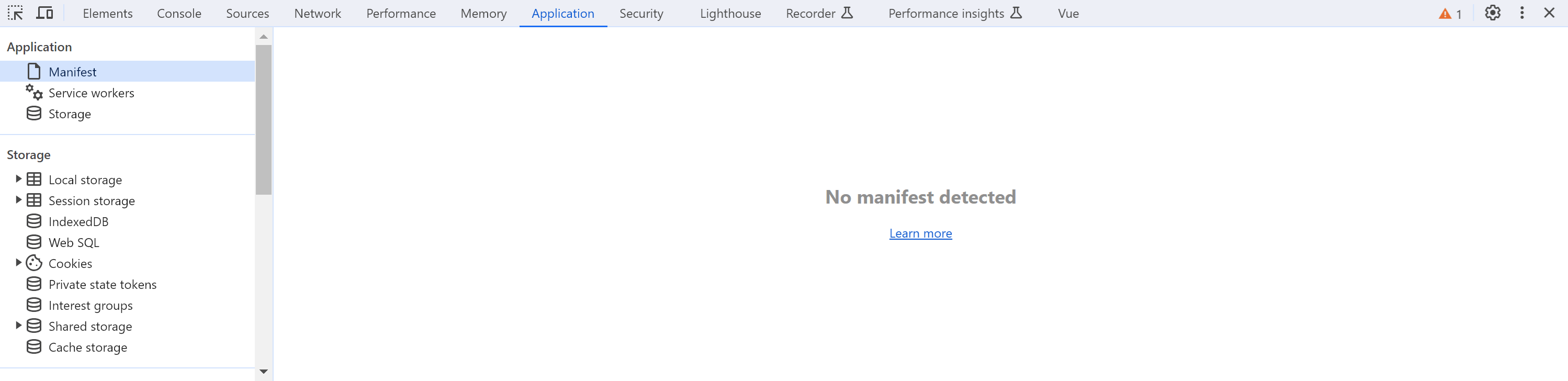 Picture of the empty manifest section in the Application tab in the browser dev tools