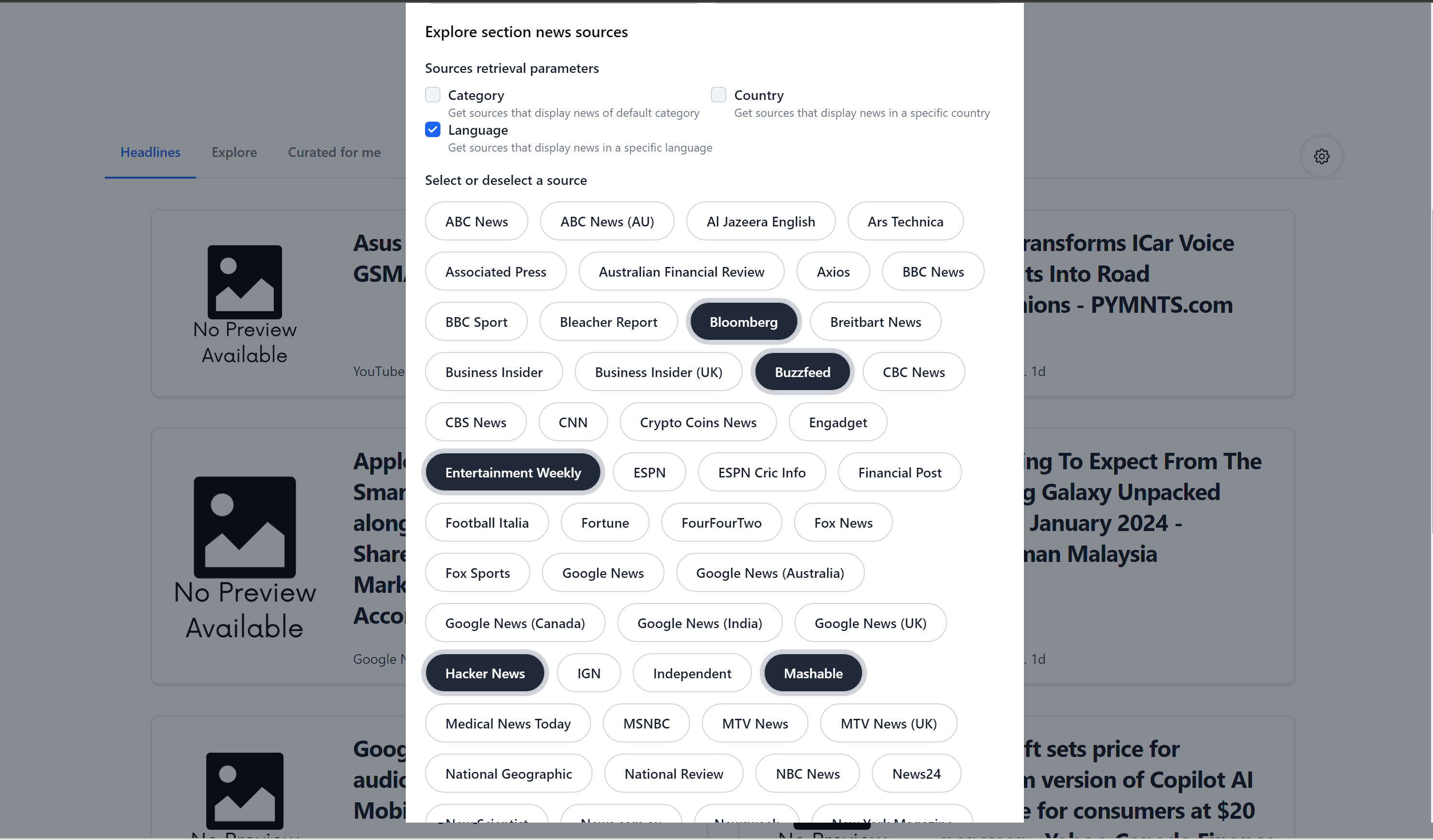 Screen showing the setting section where the list of news sources from the API is rendered
