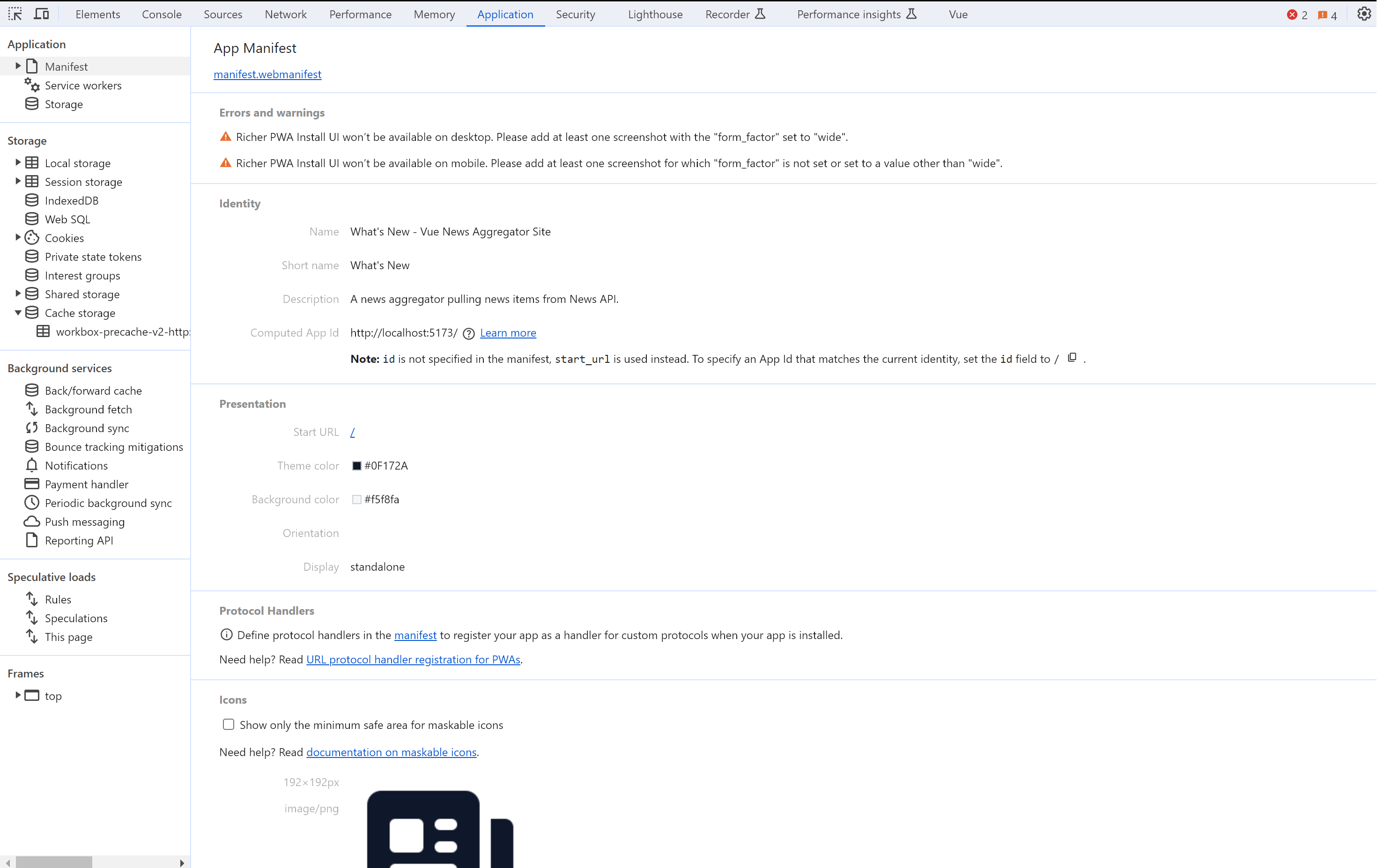 Manifest section showing the information specified in the manifest configuration and icons uploaded to the public folder