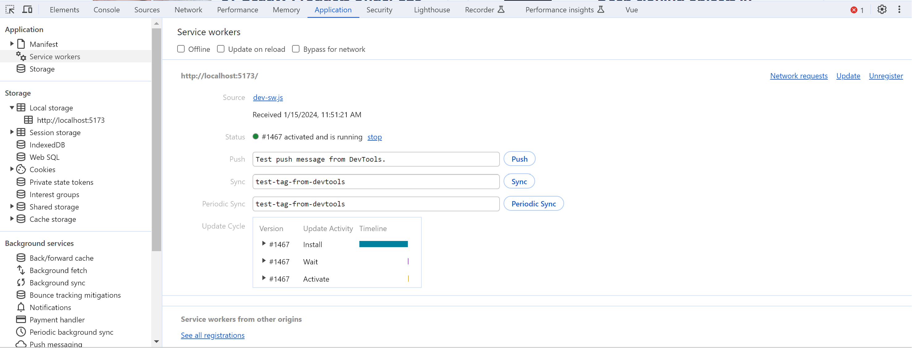 Registered and active service worker working in the background for the current application tab showing the dev server code.