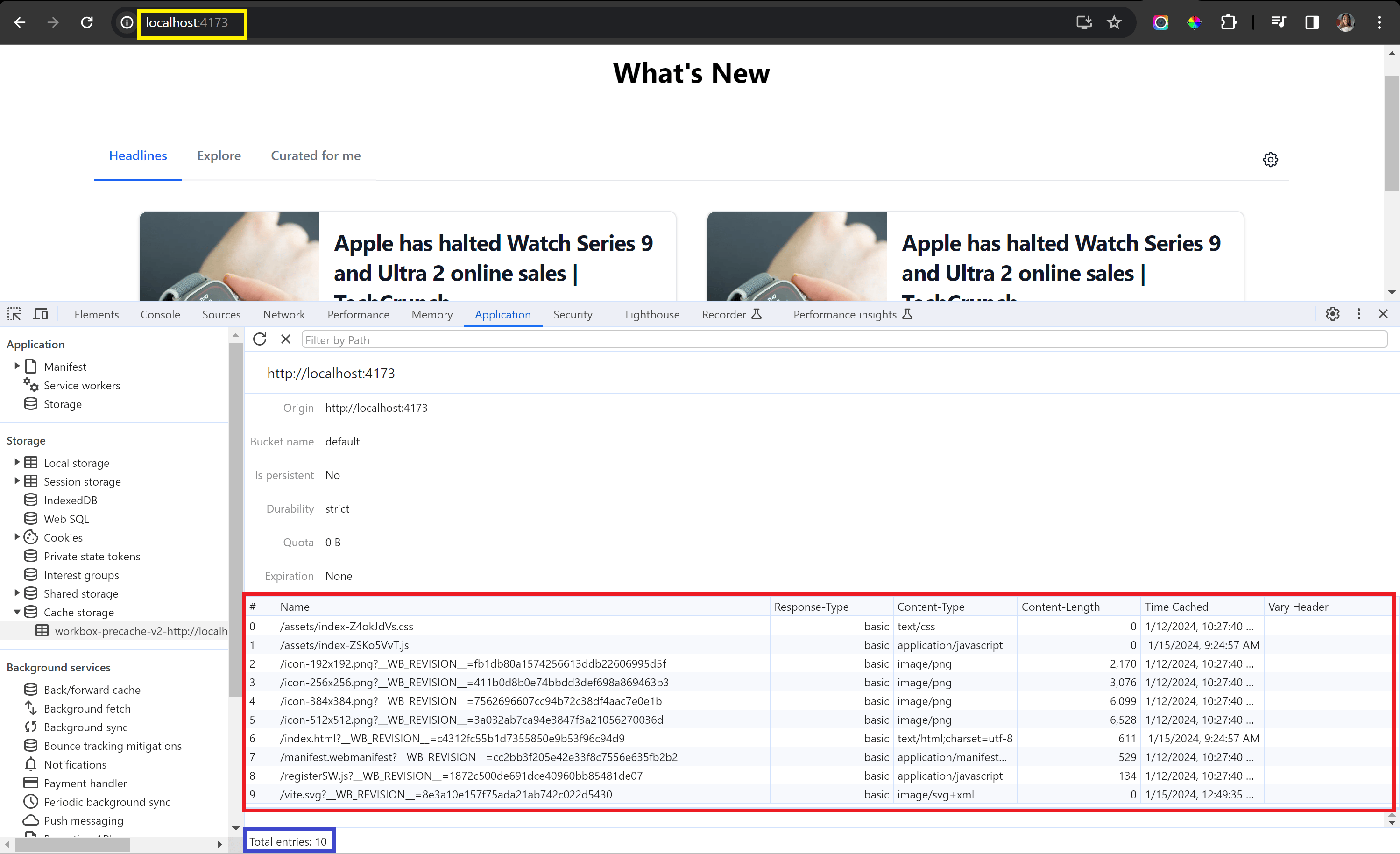 Image showing the domain production build of the application, the number of cache entries and the list of cached build files in the Cache storage