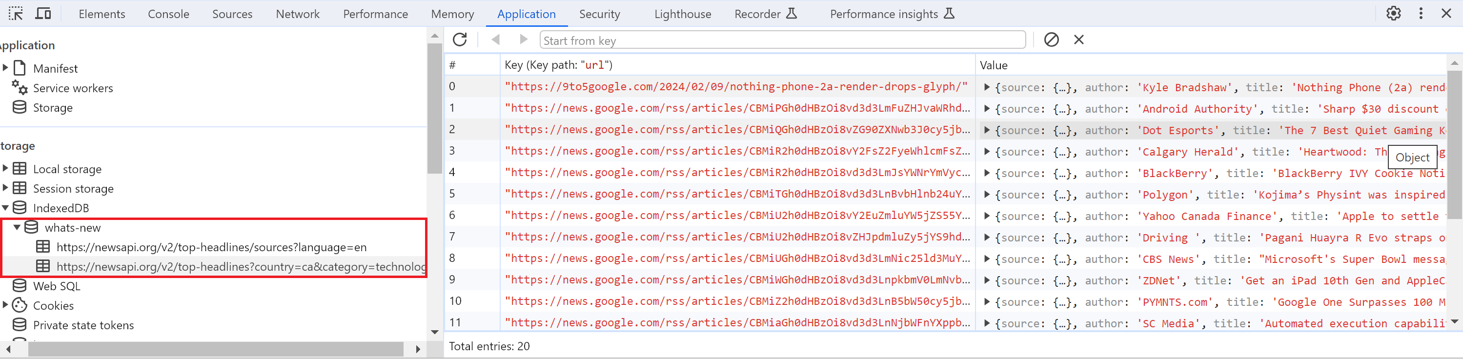 New entry called whats-new under the IndexedDB section in the Application tab of the browser dev tools with two stores corresponding to the URLs fetched