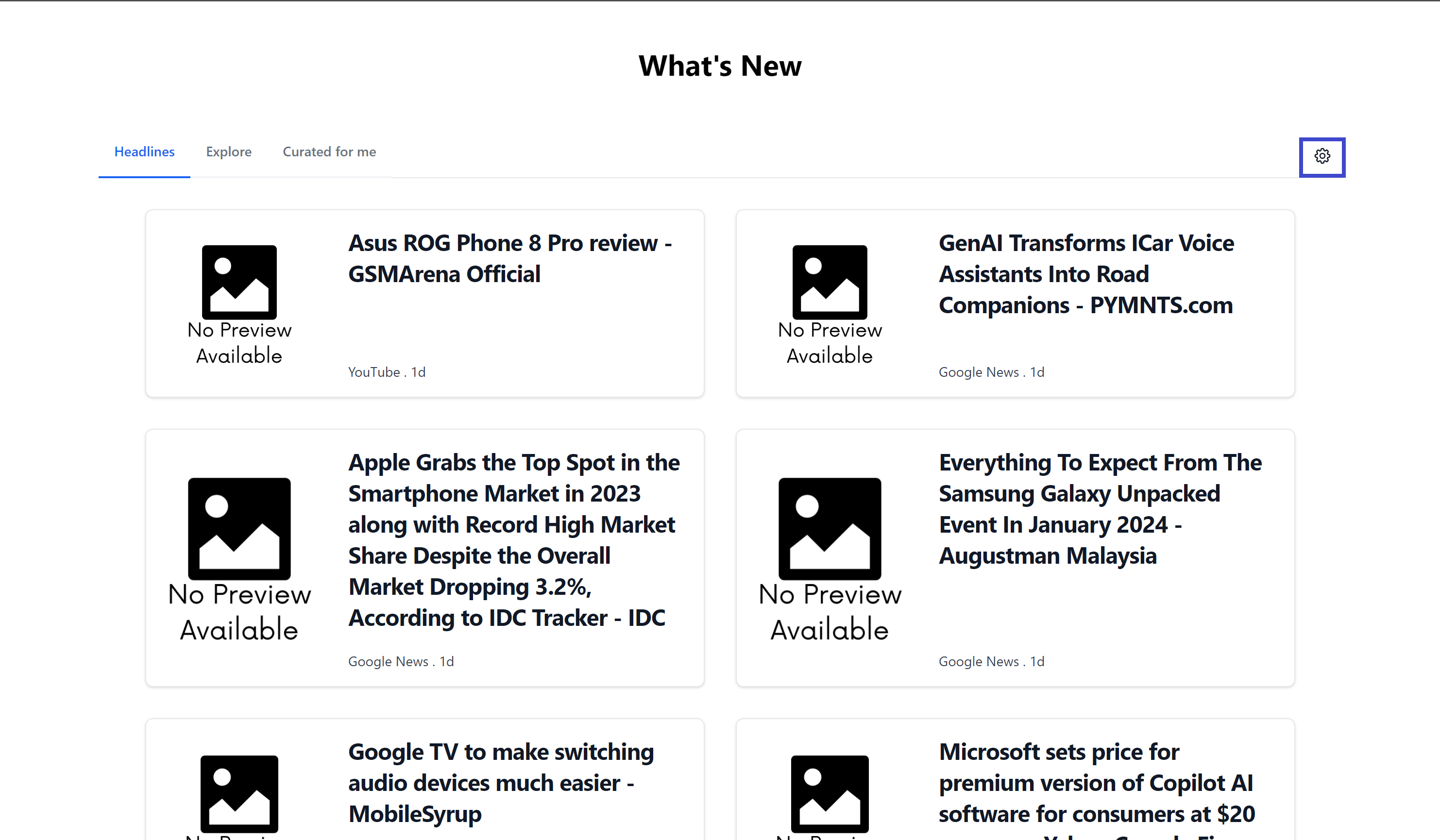 Headline tab with a list of headlines gotten from the API