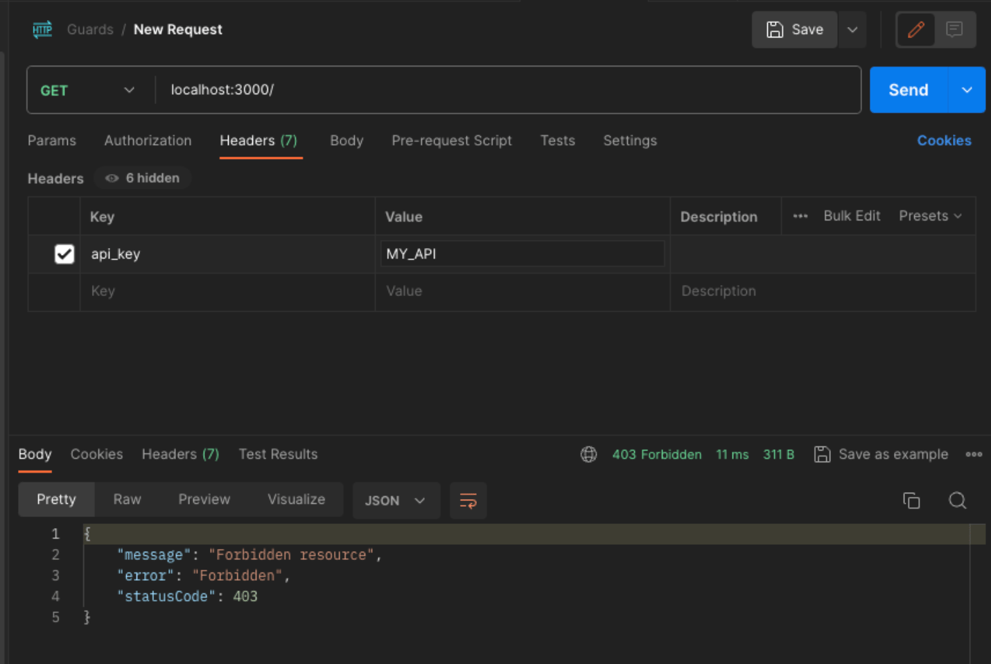 Screenshot of a PostMan Interface showing the testing of the AuthGuard Implementation. It shows a Forbidden resource error because the api_key passed is wrong and the request was not processed