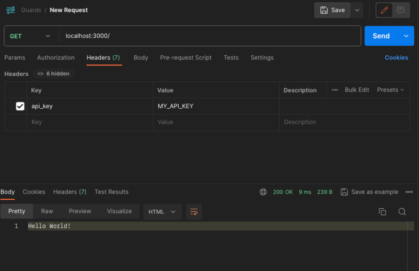 Screenshot of a PostMan Interface showing the testing of the AuthGuard Implementation. It shows a 200 success message because the api_key passed is correct and the request is processed successfully