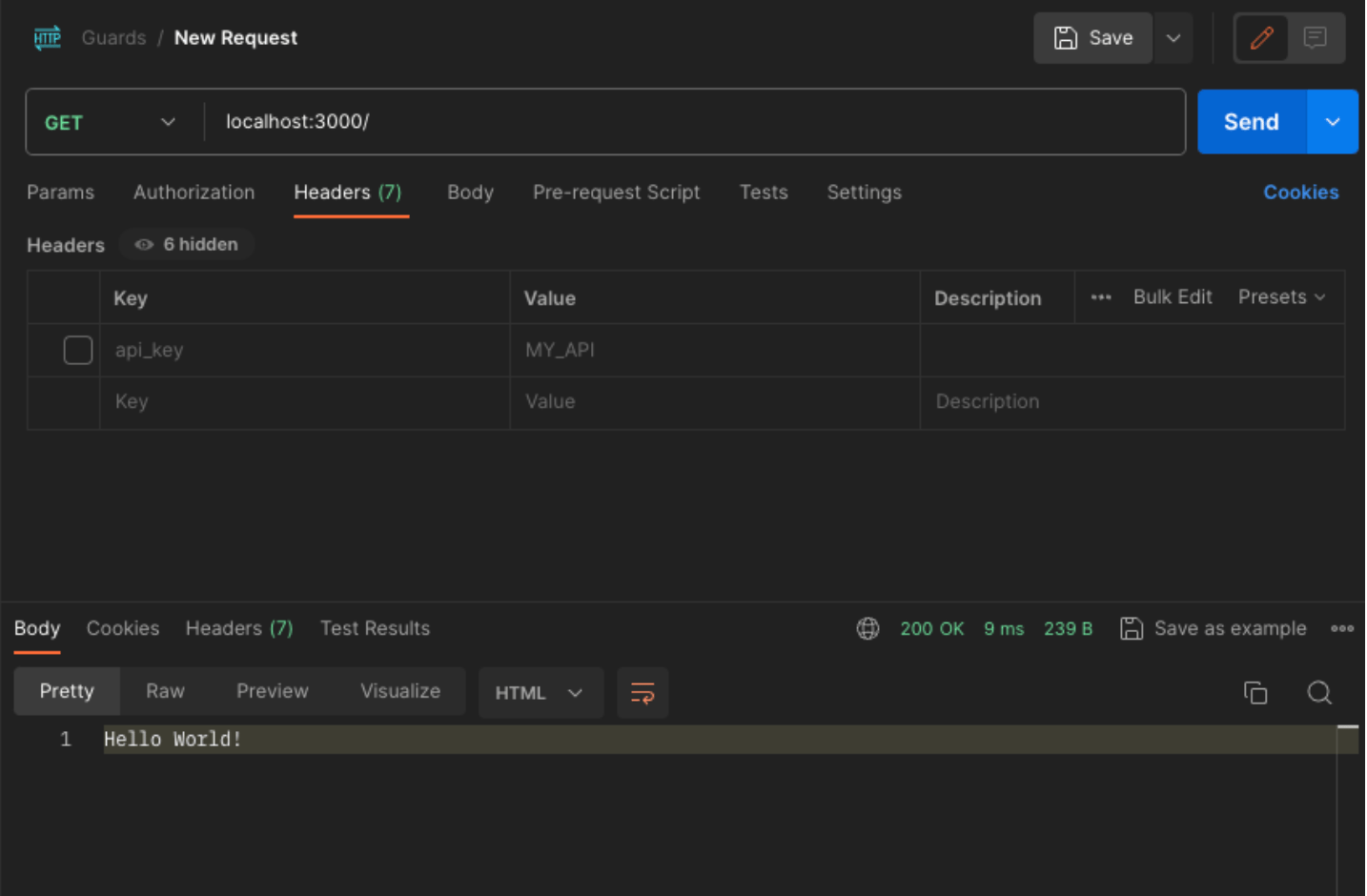 Screenshot of a PostMan Interface showing the testing of the AuthGuard bound at method level. The AuthGuard was not used on the root endpoint localhost:3000, hence the route was able to be accessed