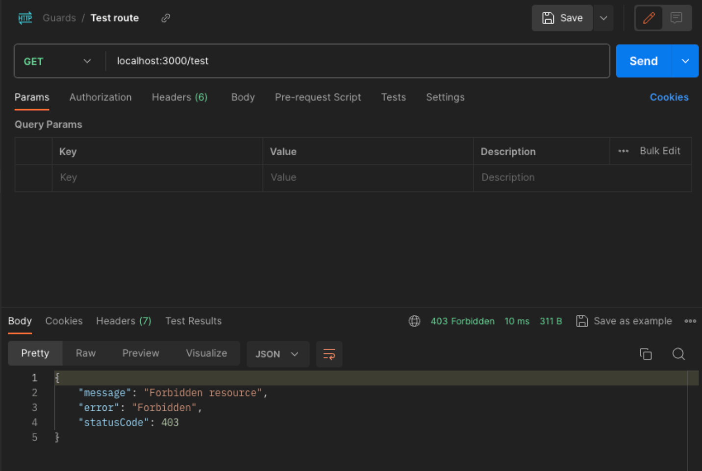Screenshot of a PostMan Interface showing the testing of the AuthGuard bound at method level. The AuthGuard was used on the localhost:3000/test endpoint, hence the route was not able to be accessed