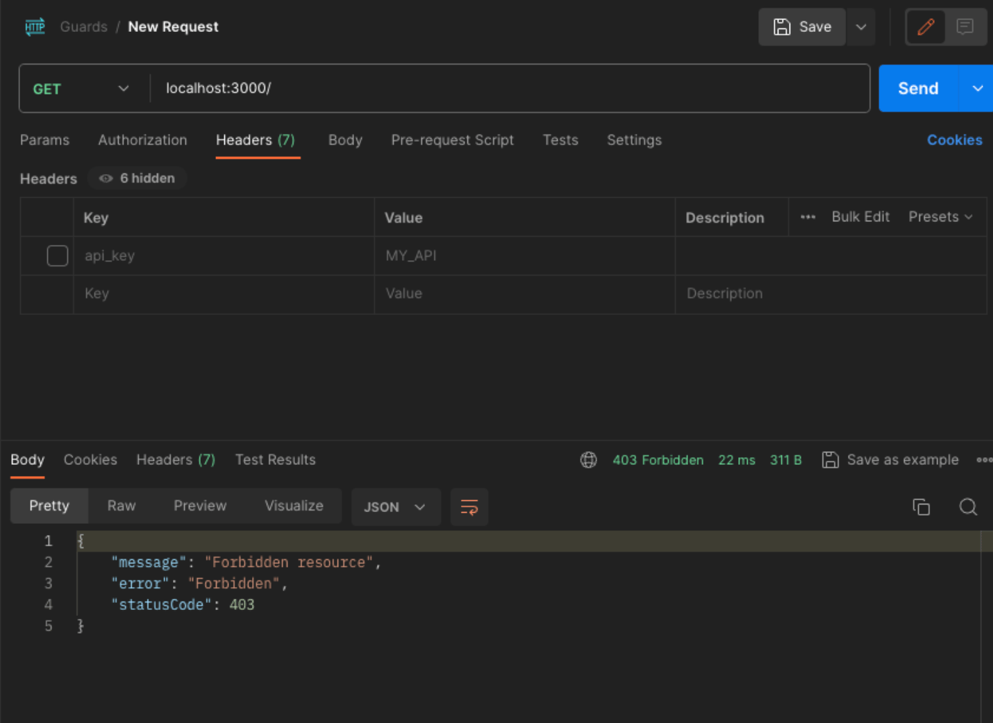 Screenshot of a PostMan Interface showing how to skip guard check in NestJS. The AuthGuard was used at the controller level, but the last route in the app controller was skipped. This root endpoint localhost:3000 returns a unauthorized error as no api_key was passed