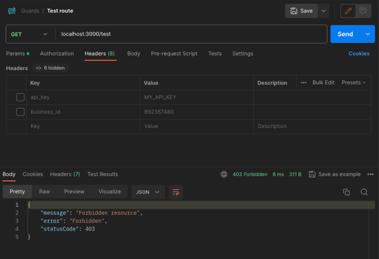 Screenshot of a PostMan Interface showing how to skip guard check in NestJS. The AuthGuard was used at the controller level, but the last route in the app controller was skipped. This localhost:3000/test returns a unauthorized error as no api_key was passed