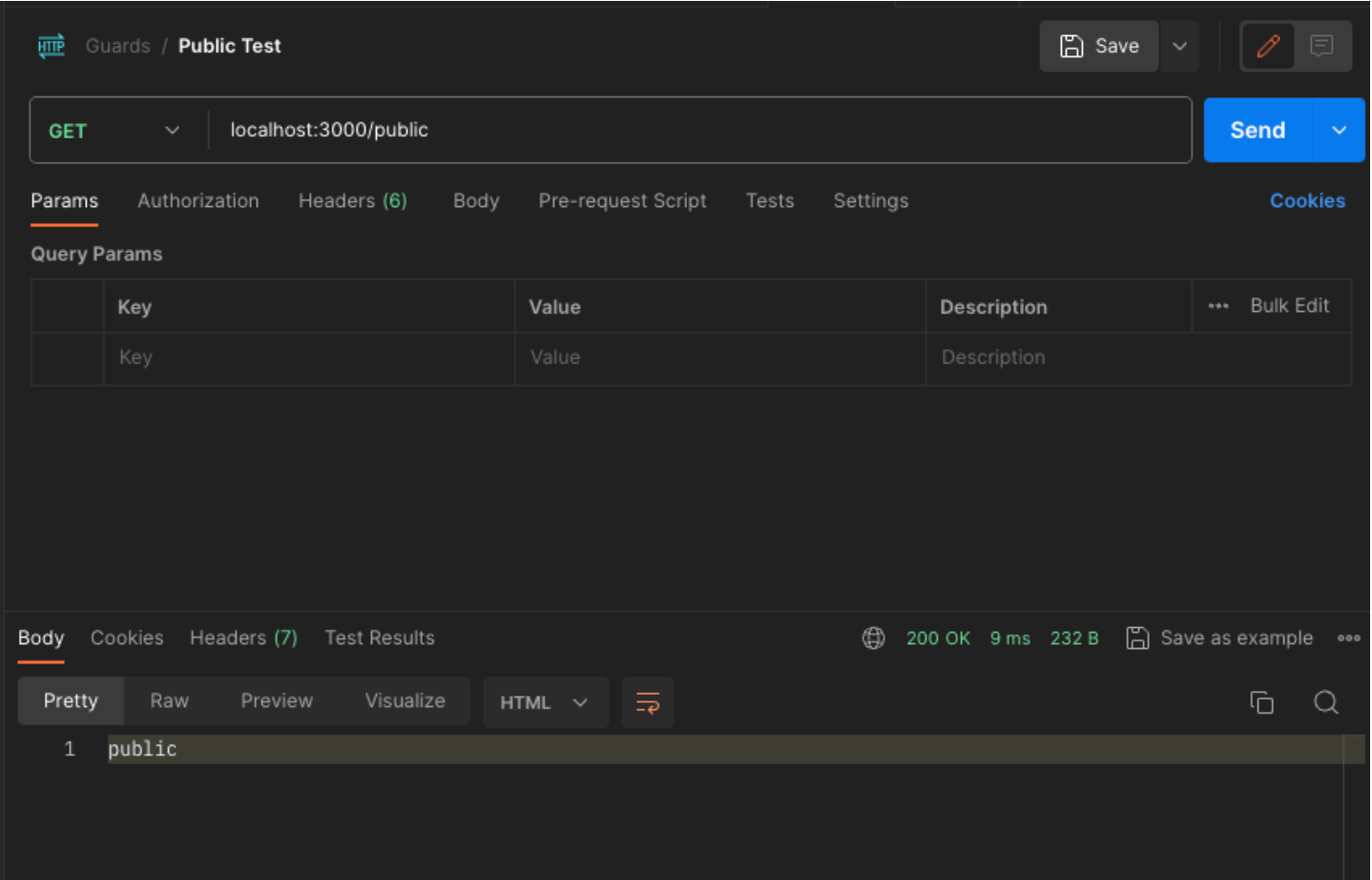 Screenshot of a PostMan Interface showing how to skip guard check in NestJS. The AuthGuard was used at the controller level, but the last route in the app controller was skipped. This localhost:3000/public returns a a successful response even when api_key was not passed