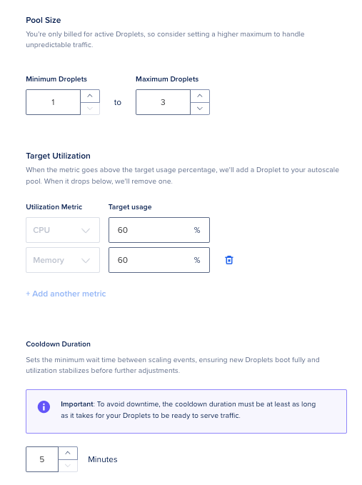 Set the Pool Size, target Utilization and cooldown duration
