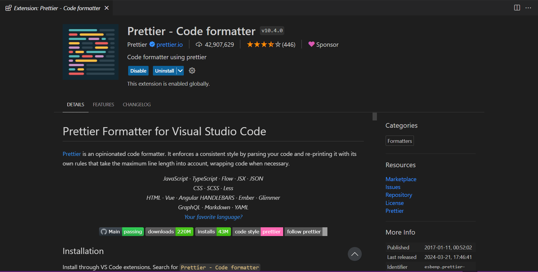 Prettier extension VS Code Marketplace page