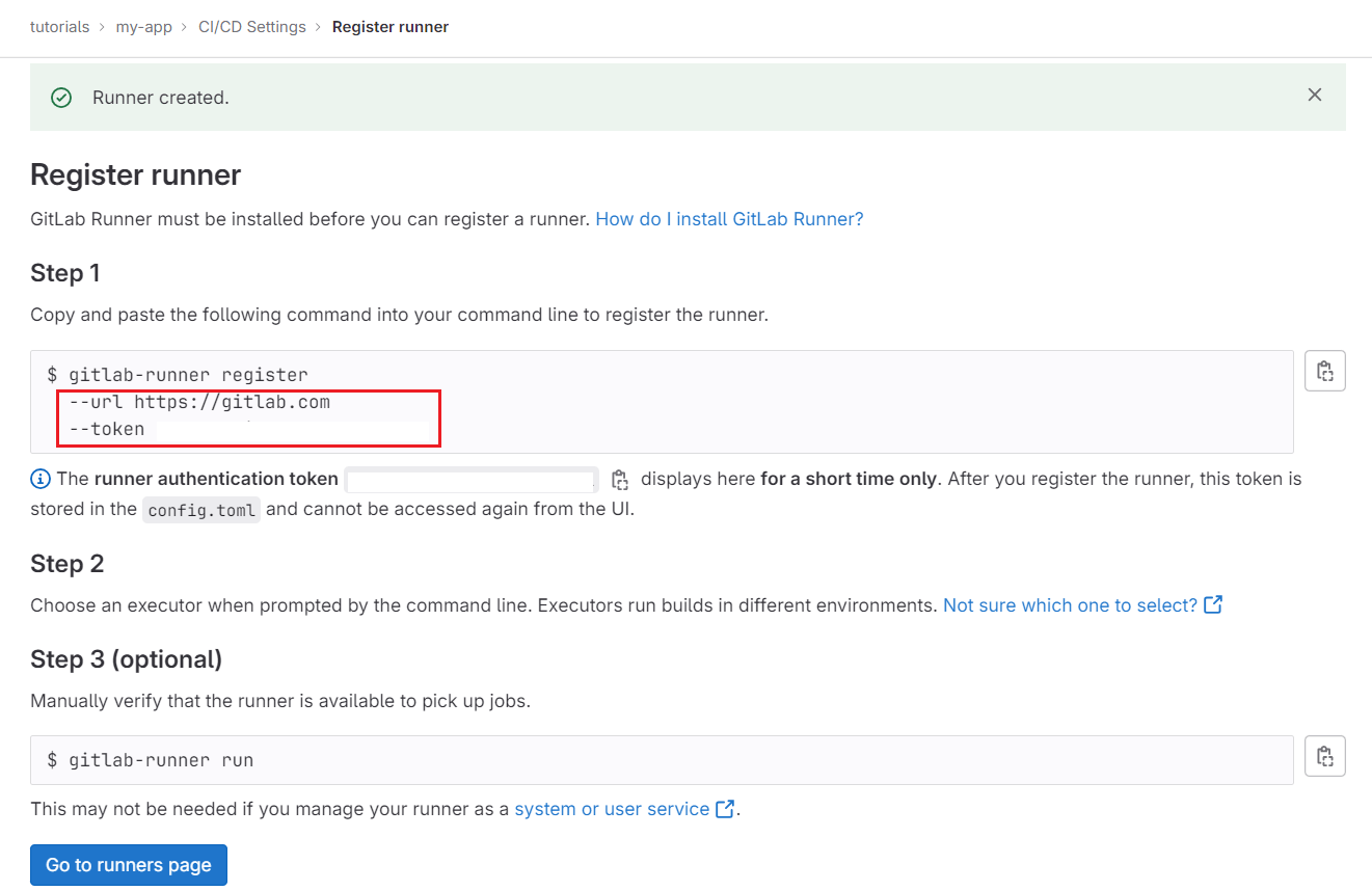 The runners section in the ci/cd settings with the copy token button