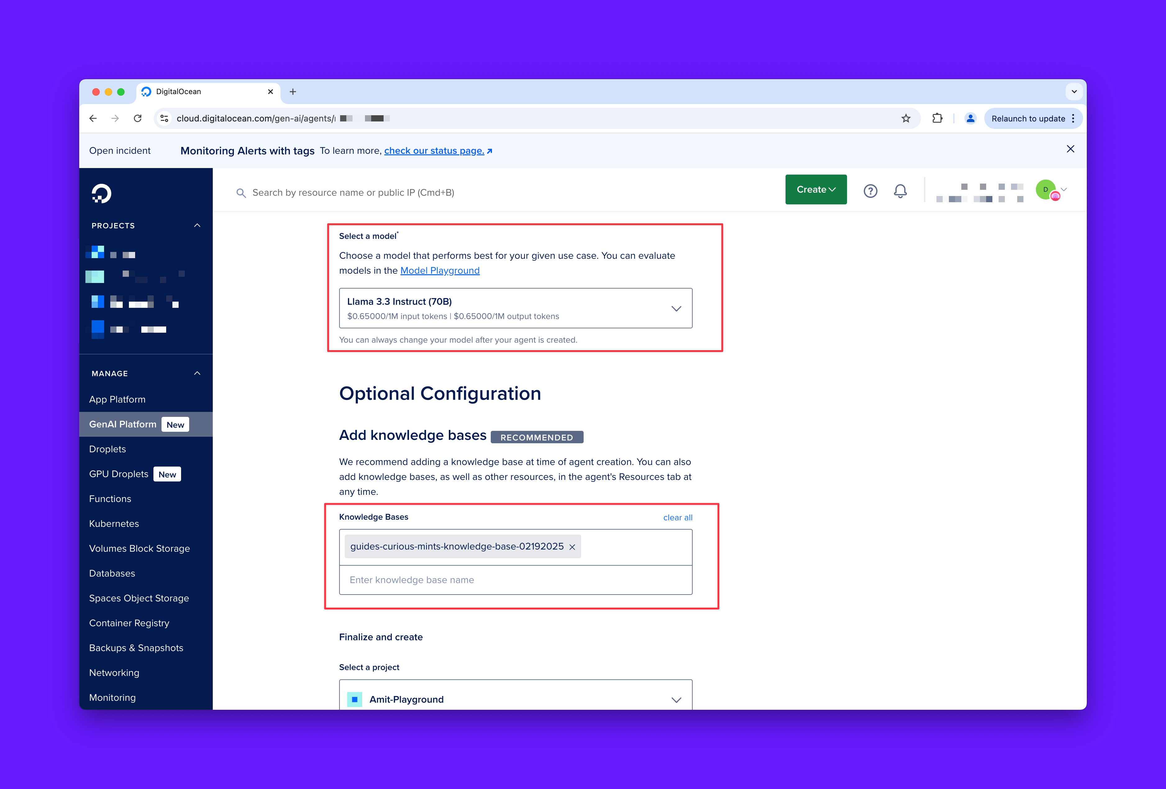 Configuration interface for model selection and knowledge base setup for a DigitalOcean AI Platform agent