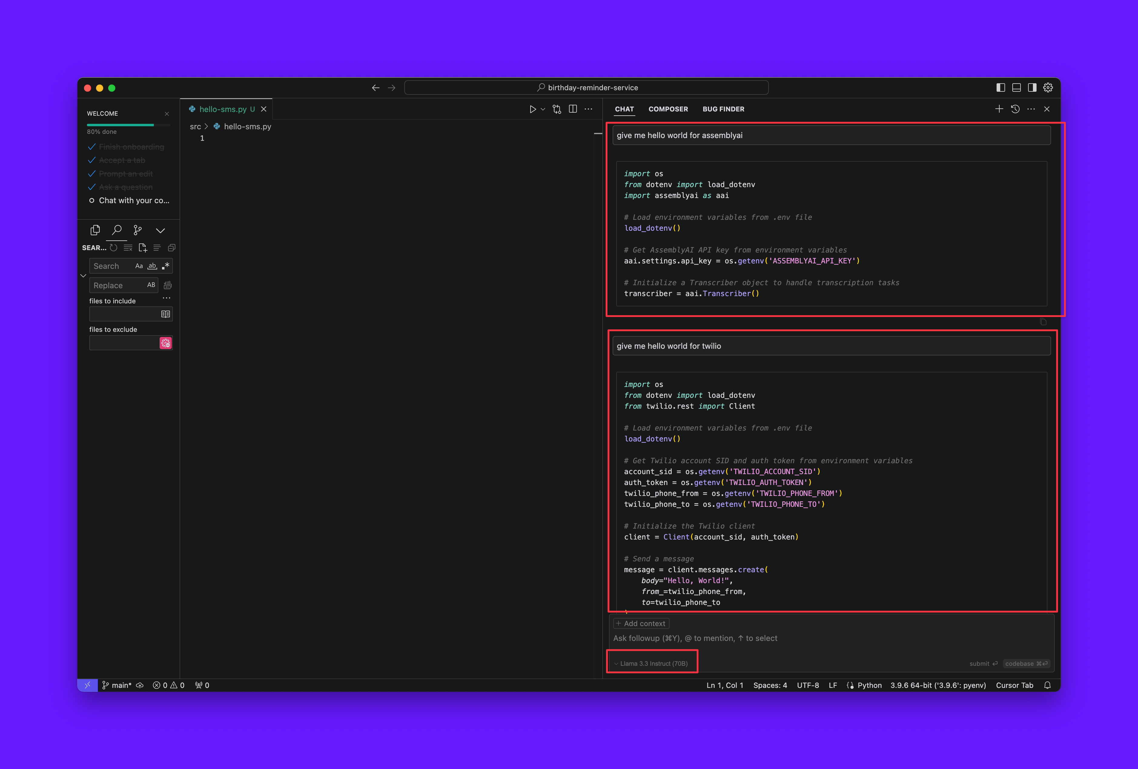 Cursor using the AI Platform agent endpoint and displaying code snippets from the knowledge base.