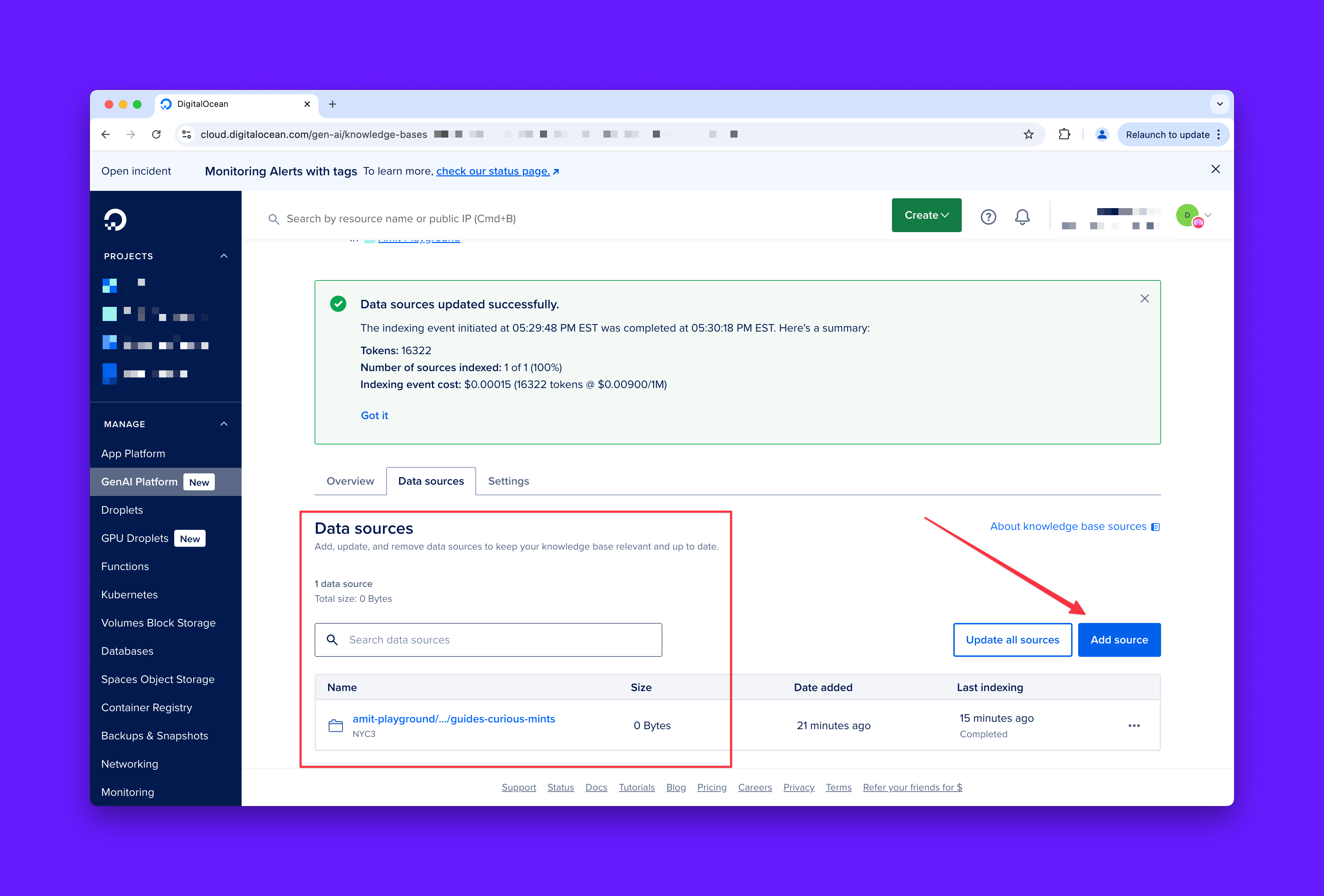 DigitalOcean Web interface confirming successful update of data sources for an AI Platform agent knowledge base