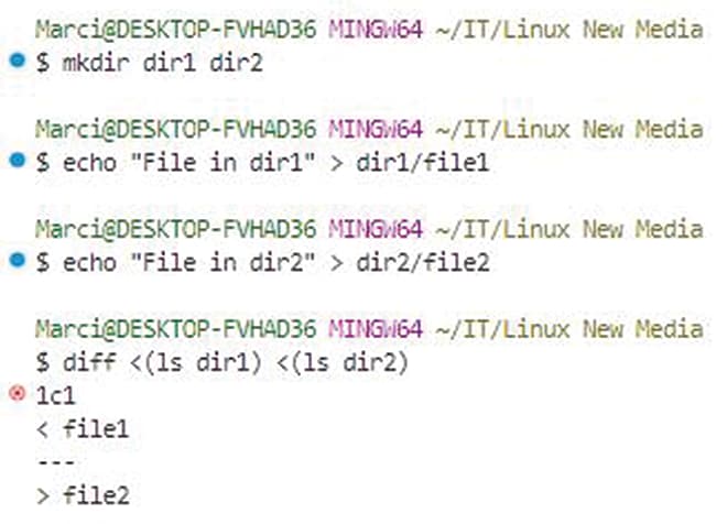 The diff command will show the differences between the contents of dir1 and dir2.