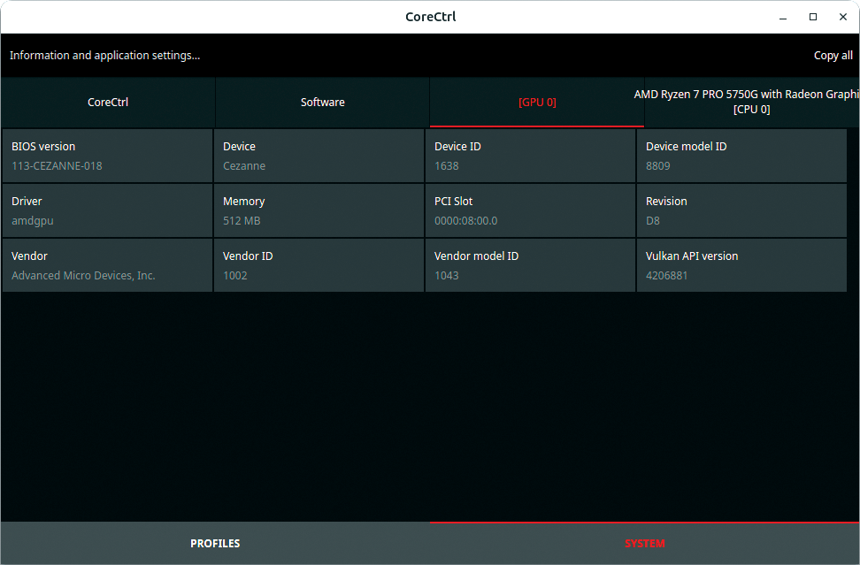 At a glance, CoreCtrl displays the CPU and GPU specifications in tiles.