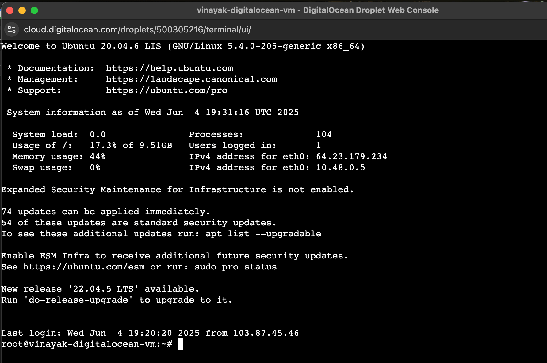 DigitalOcean Droplet Console showing remote terminal for Ubuntu server access