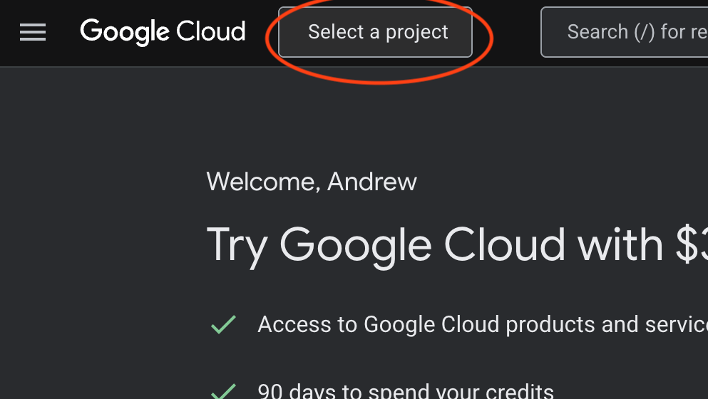 Google Cloud Console showing the project selector dropdown menu at the top of the page with the 'Select a project' button highlighted