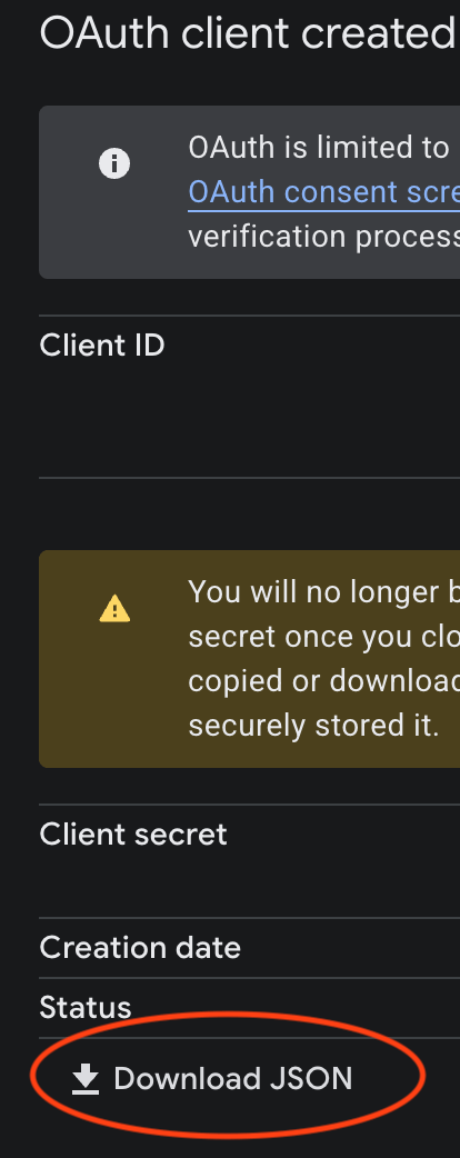 Google Cloud Console OAuth client created dialog showing client ID and client secret with Download JSON button