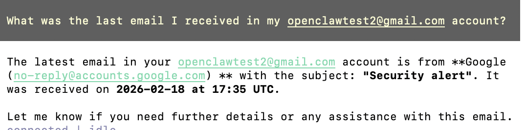 OpenClaw text user interface showing a conversation where the bot successfully retrieves and displays information about the most recent email