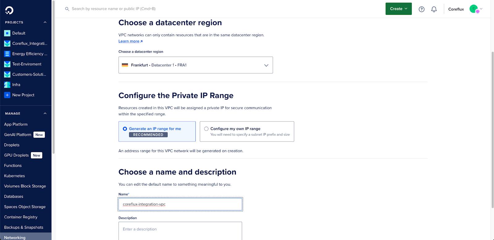 DigitalOcean VPC creation screen