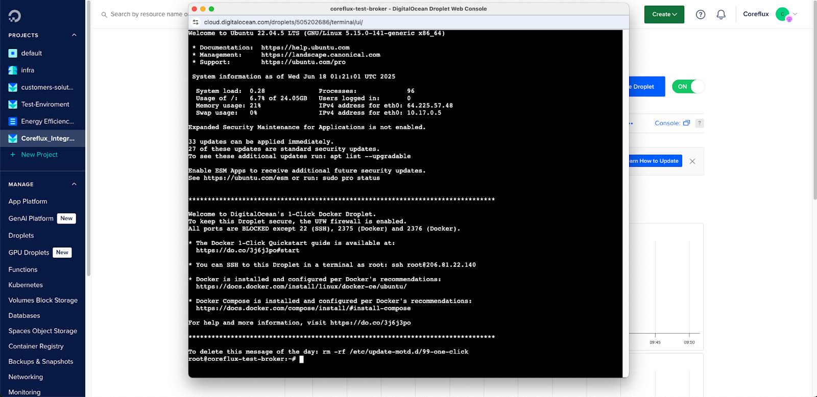 SSH connection to the Coreflux droplet