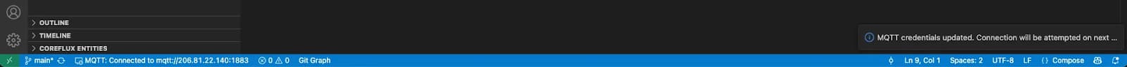 Coreflux MQTT connection status in VS Code