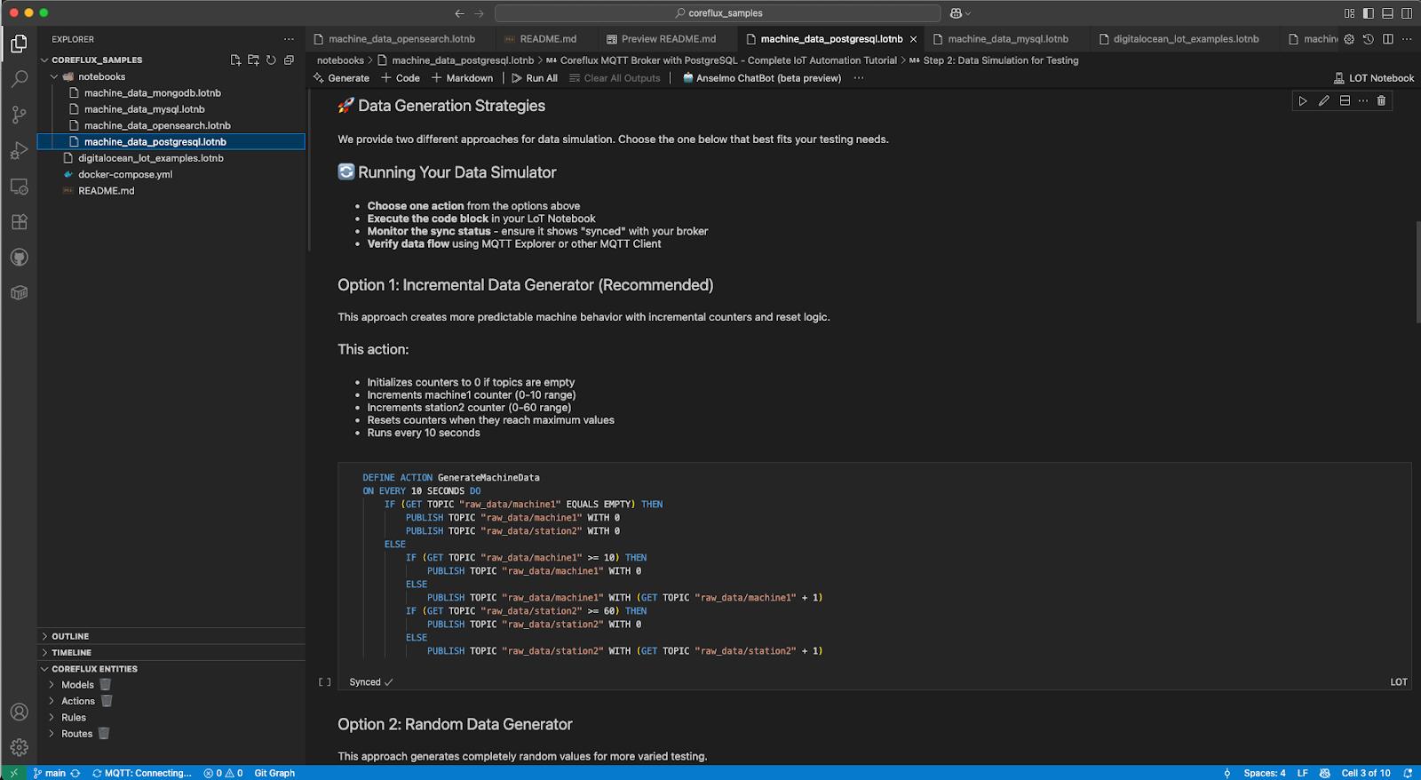 Running LoT action to generate simulated IoT data