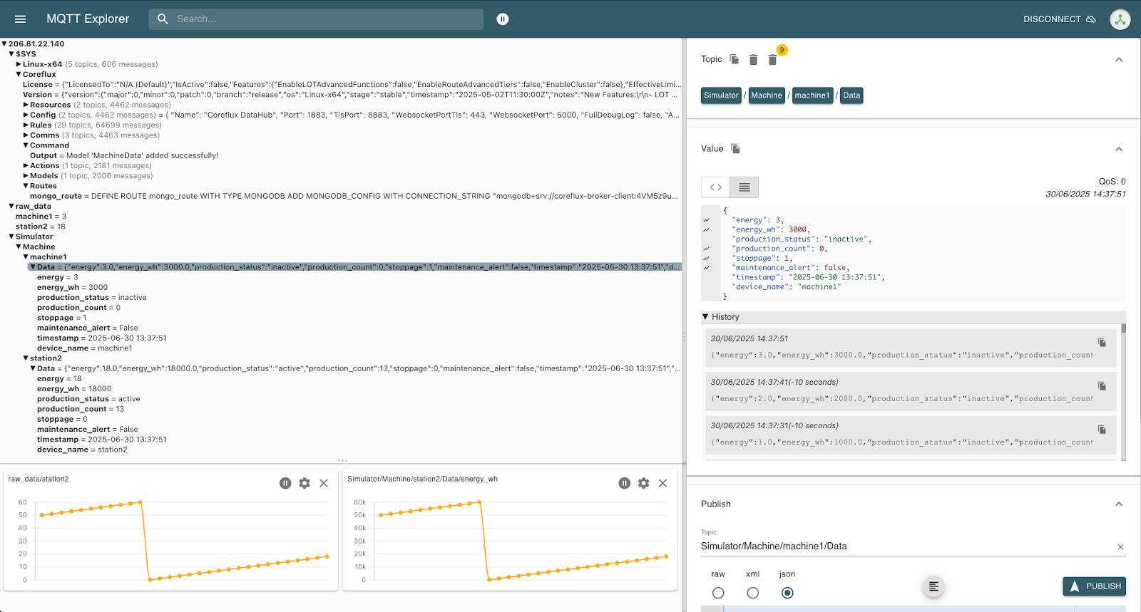 MQTT topics with real time machine data