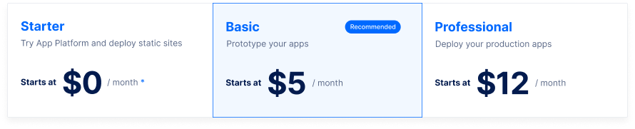 Starter - starts at $0/month, Basic - starts at $5/month, Professional - starts at $12/month