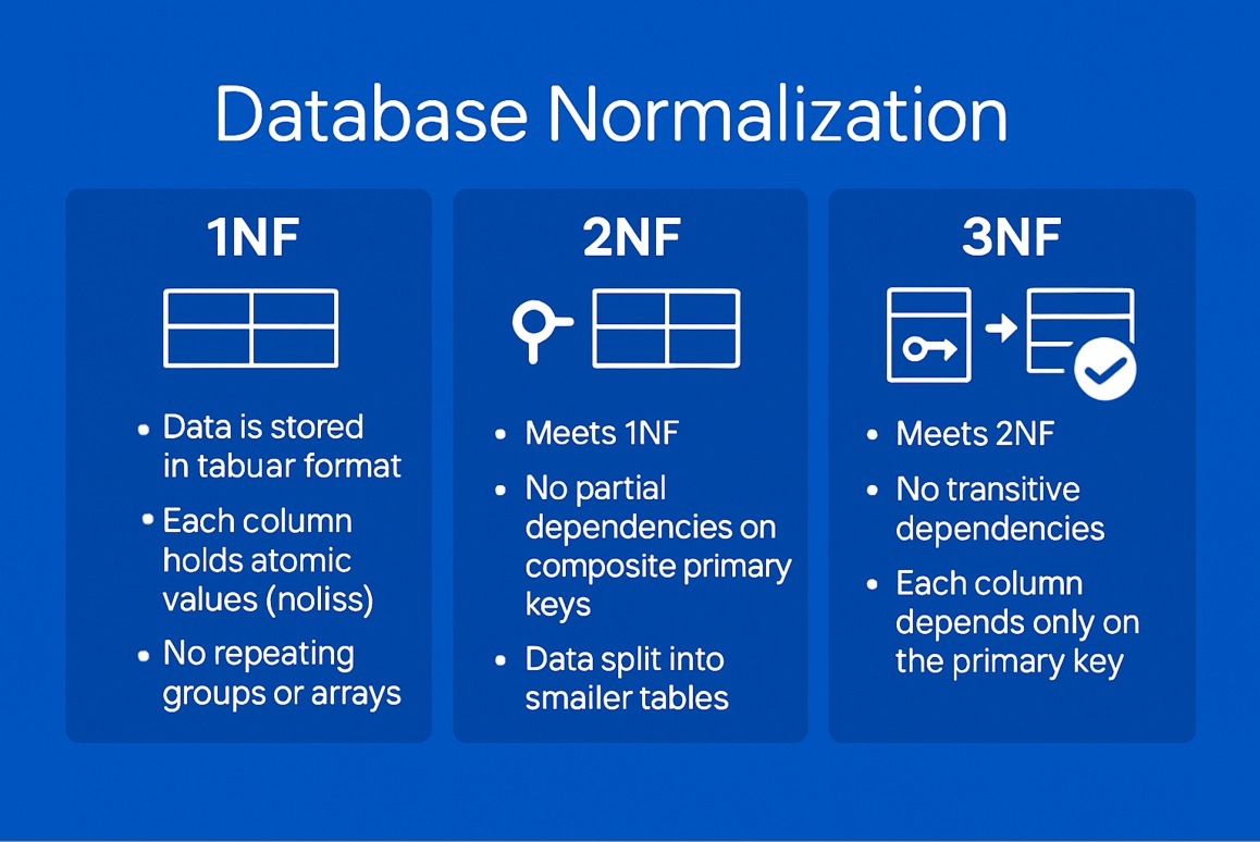Infographic comparing 1NF, 2NF, and 3NF in database normalization, showing rules and dependency fixes
