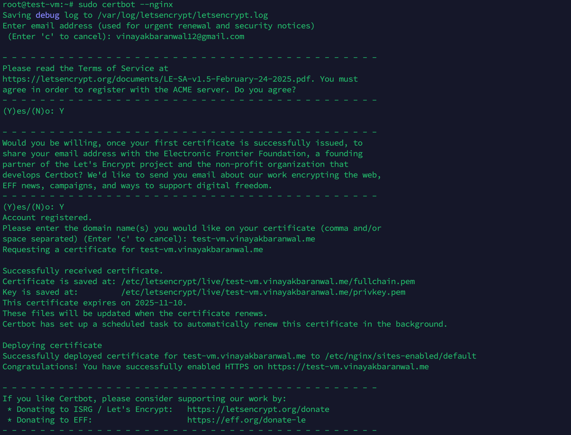 Certbot prompt asking for domain name during SSL setup