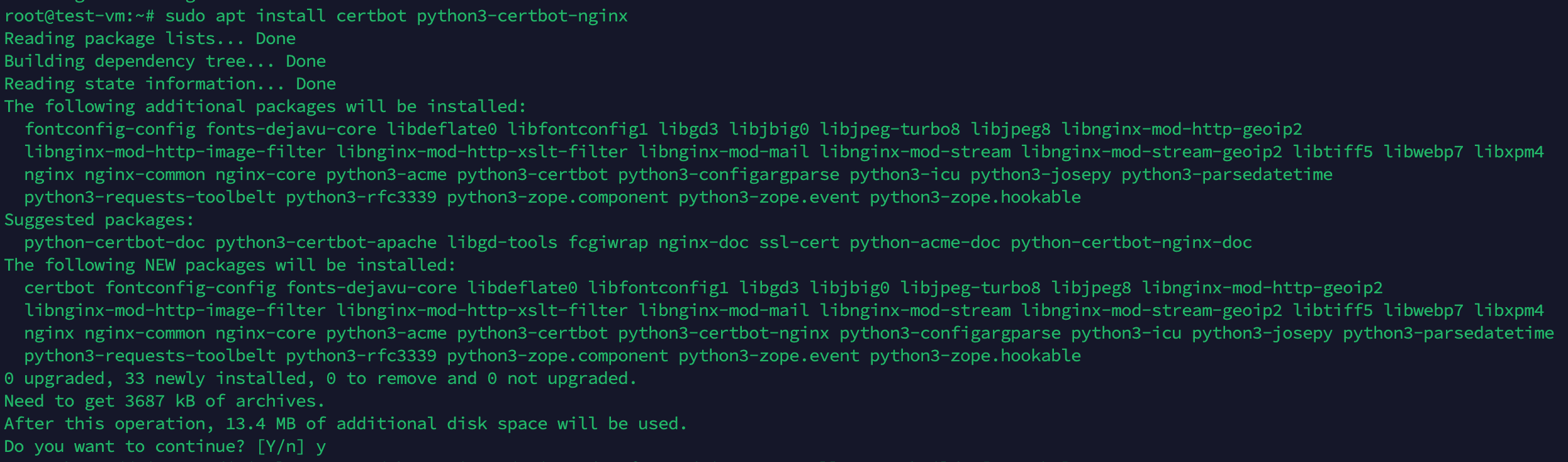Terminal output showing Certbot and python3-certbot-nginx being installed via apt on Ubuntu