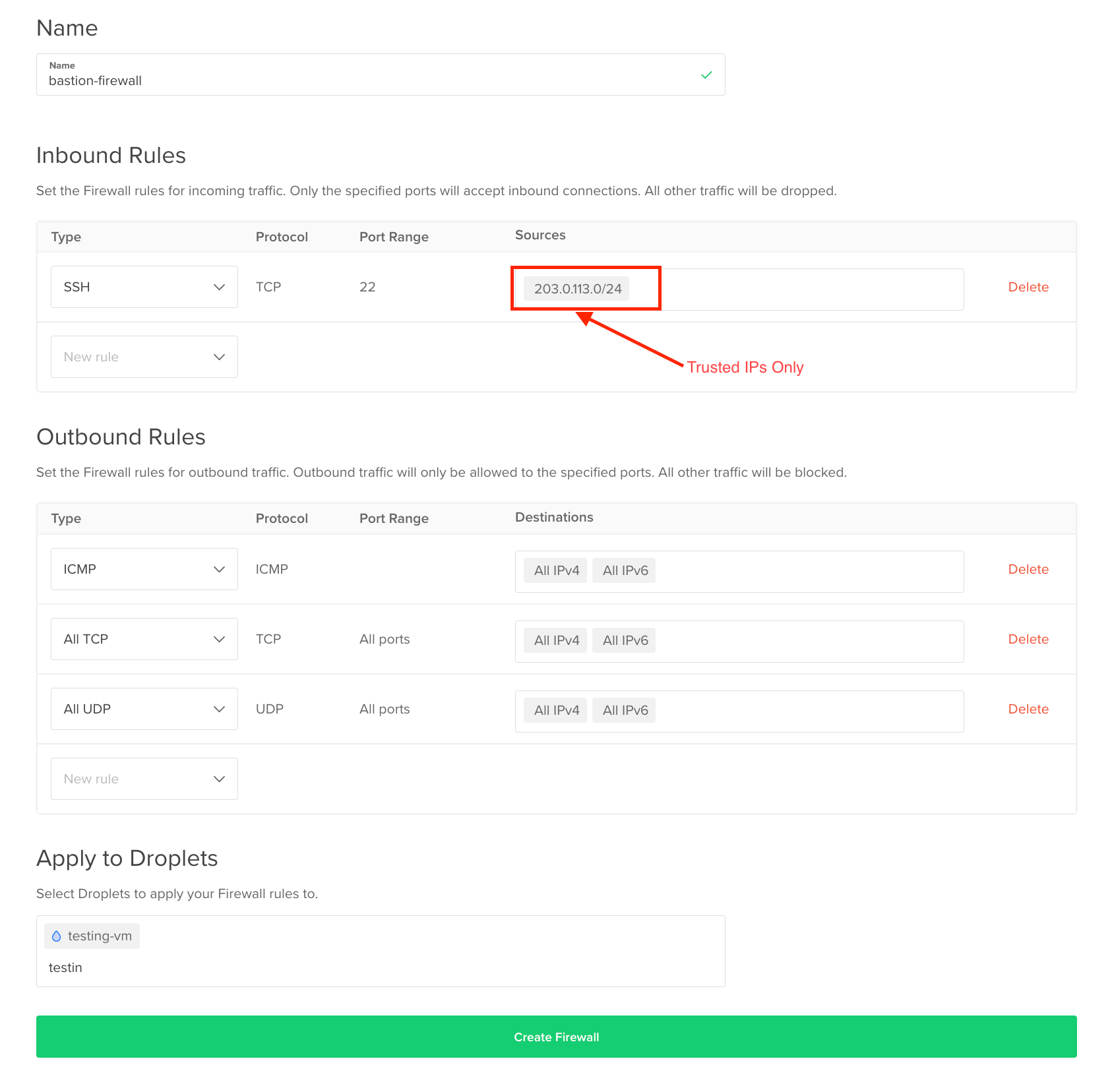 Example Cloud Firewall configuration for SSH access.