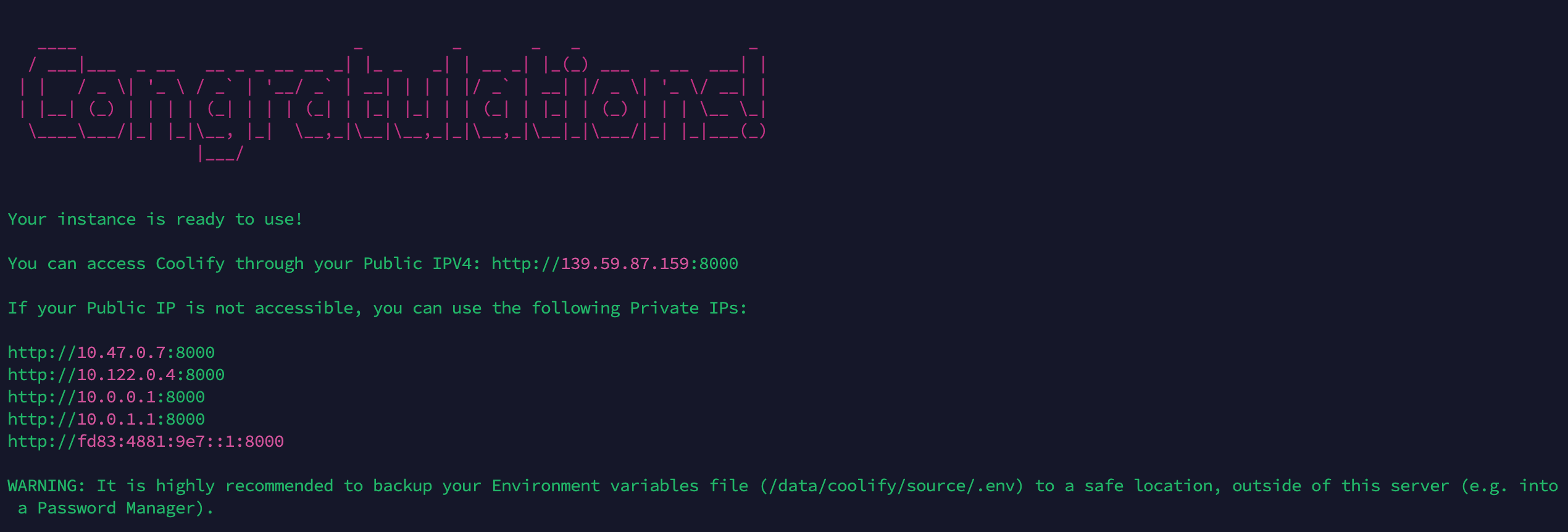 Coolify installation completed screenshot