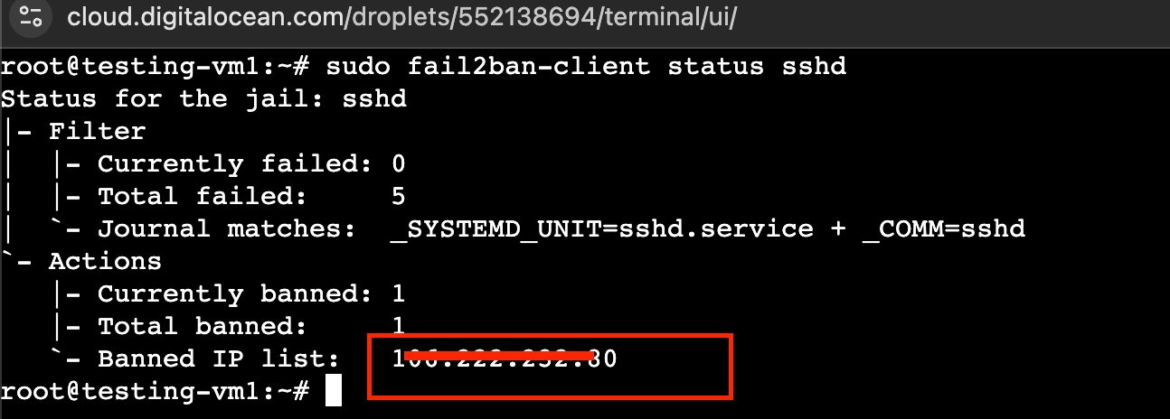 Fail2Ban status showing a banned IP