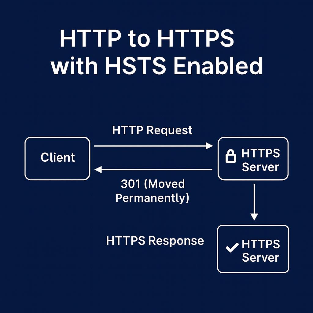 Diagram showing HTTP traffic redirected to HTTPS with HSTS enabled
