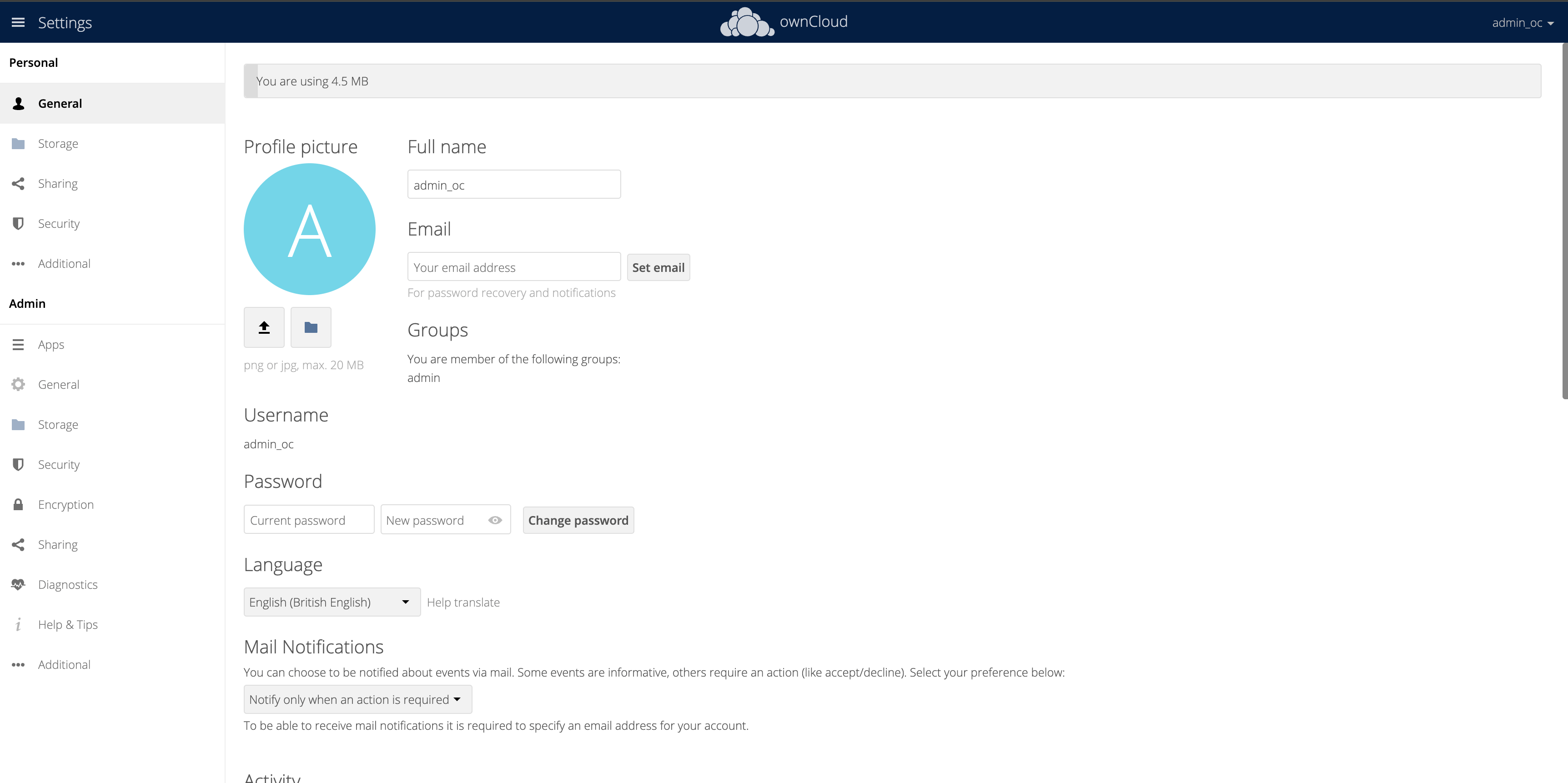 OwnCloud Admin Profile