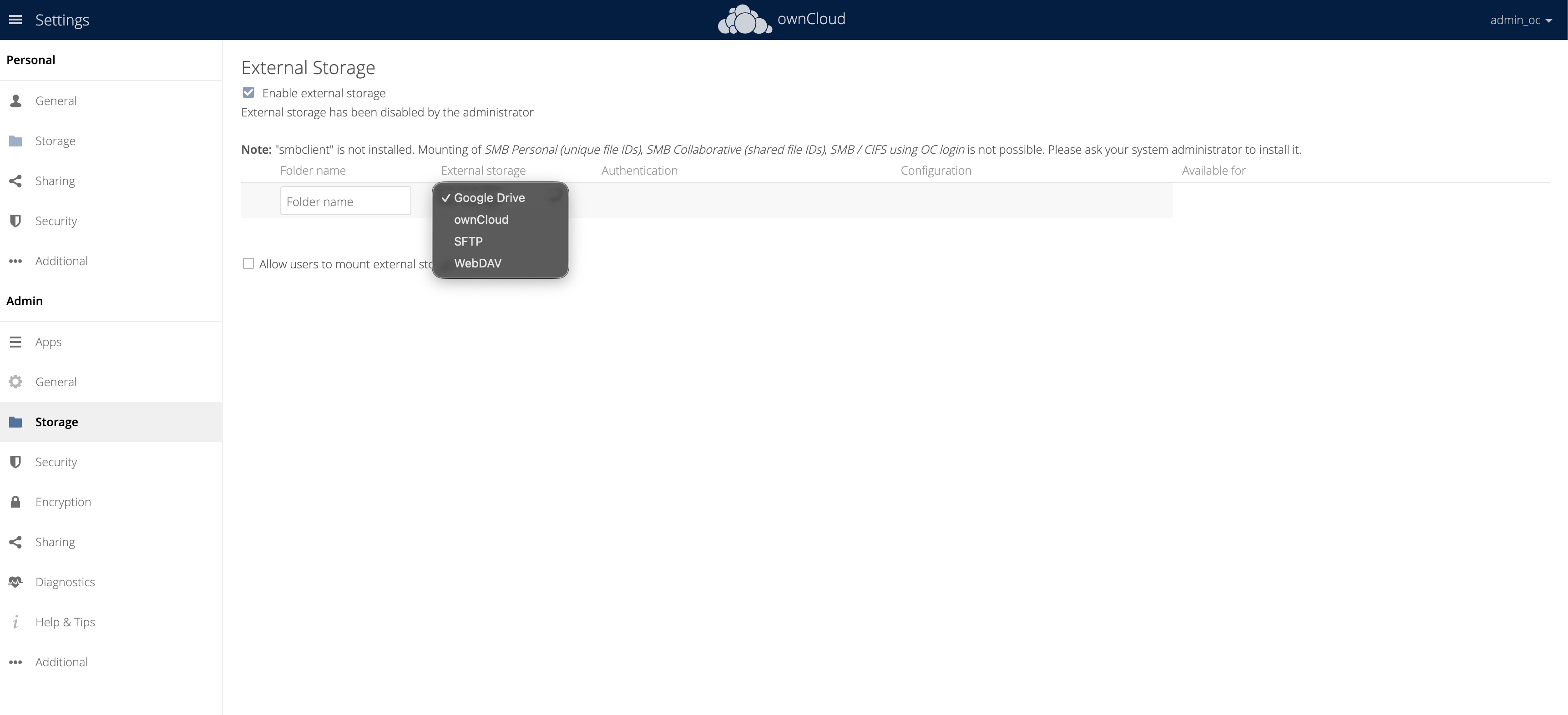 OwnCloud External Storage Configuration