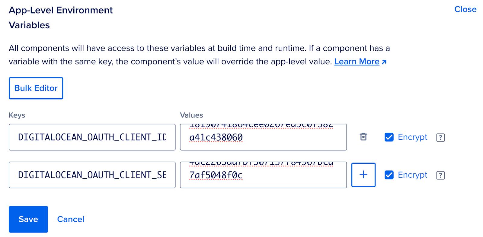 App Platform environment variables configuration screen.