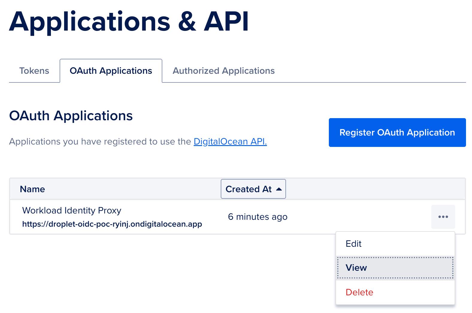 View button for the newly created OAuth application.